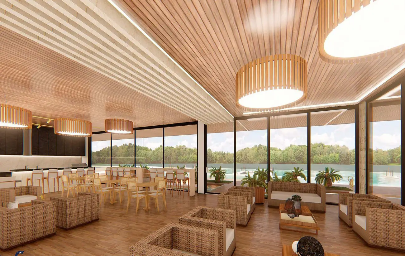 Lounge com poltronas e vista para a água