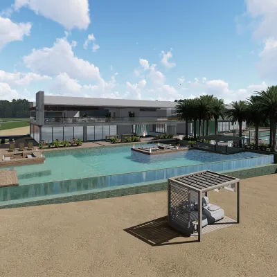 Piscina luxuosa com borda infinita voltada para a represa!